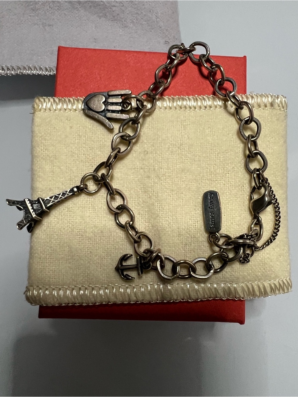 James Avery  Charm Bracelet with Eiffel Tower, Anchor & ASL( I love you )